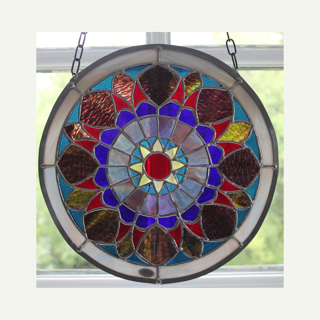 front, hanging in a window